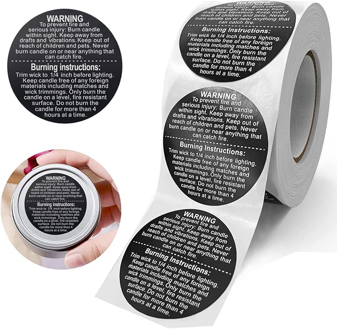 1000 PCS Black Candle Safety Stickers, 1.5 inch Round, Waterproof, Modern Style, Candle Warning Labels