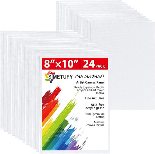 Simetufy 8x10 inch 24 Pcs Canvas Boards for Painting Flat Canvas Panels | 8oz Gesso Primed Acid-Free 100% Cotton for Acrylic, Oil Watercolor Paint