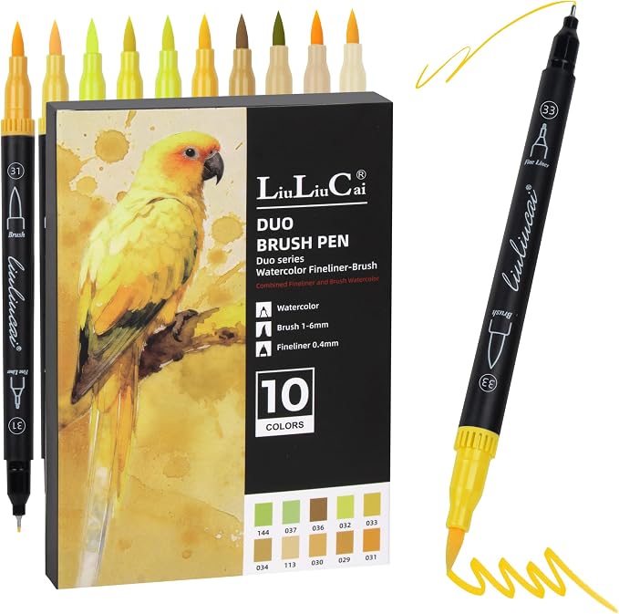 LIULIUCAI 10 Yellow Dual Markers, Fine & Brush Tip Pen for Adult Coloring