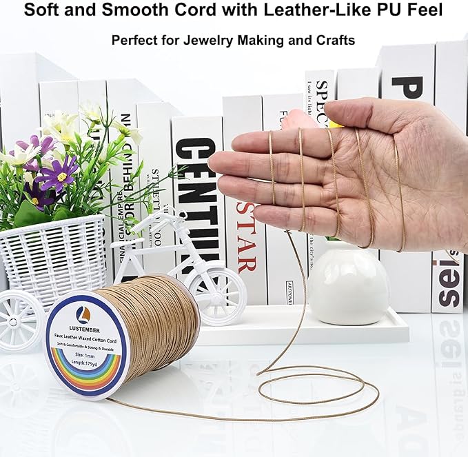 LUSTEMBER 1mm Faux Leather Waxed Cotton Cord, 175 Yards – Durable Necklace String, Soft and Textured Cord for Necklaces, Bracelets, and Jewelry Making