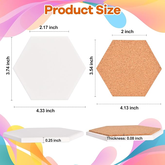 24 Pcs Ceramic Tiles for Crafts White Ceramic Coasters for Crafts with Cork Backing Pads Blank Unglazed Tiles for Painting Alcohol Ink Acrylic Pouring DIY Coaster Hexagon