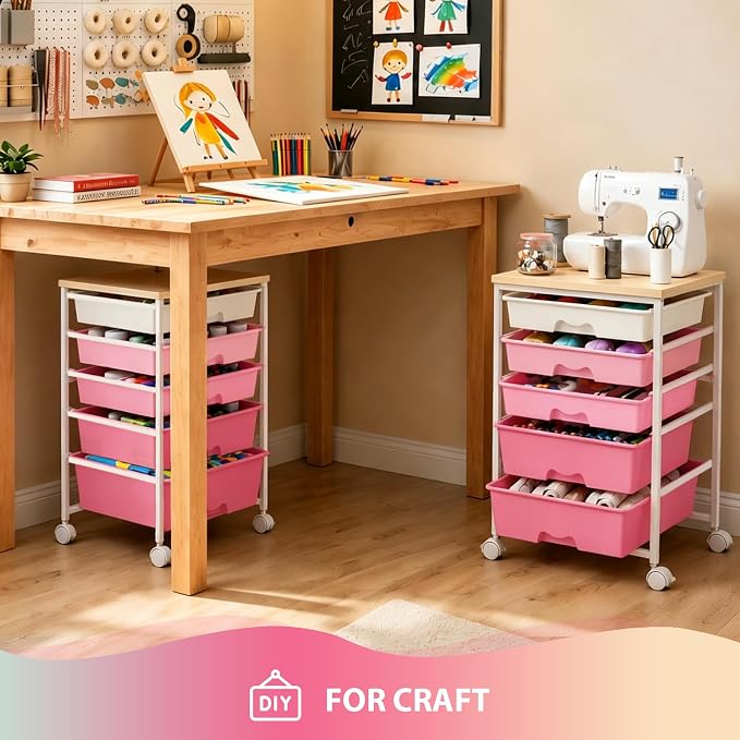 Goovilla Rolling Cart with 5 Drawers for Craft, Art, Dorm, Office, Pink | Utility Cart Organizer With 5 Removable Drawers and Wooden Tabletop, Lockable Rolling Storage Organizer for Classroom, Home