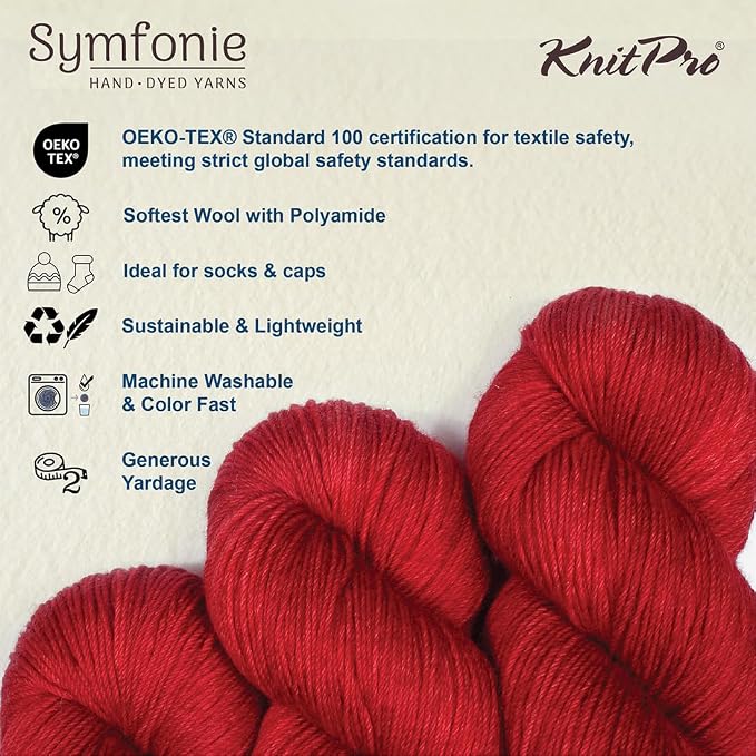 KnitPro Symfonie Fingering Weight Merino Wool Yarn 100g, Red Rose