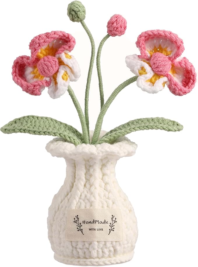 Orchid Crochet Flower Pot Deep Rose Handmade Knitted Phalaenopsis Desk Decor for Home Office