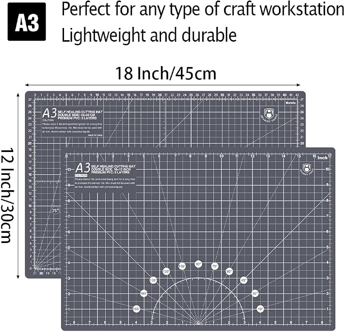 Headley Tools 18"x12" Thickened Self Healing Cutting Mat, A3 Rotary Cutting Sewing Mat for Crafts, Double Sided 5-Ply Table Cutting Board for Fabric Quilting Leather Arts Hobby Project, Grey