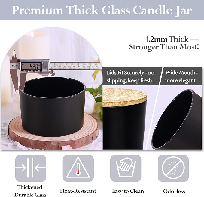 CONNOO 6 Pack 24oz Matte Black Glass Candle Jars with Airtight Bamboo Lids