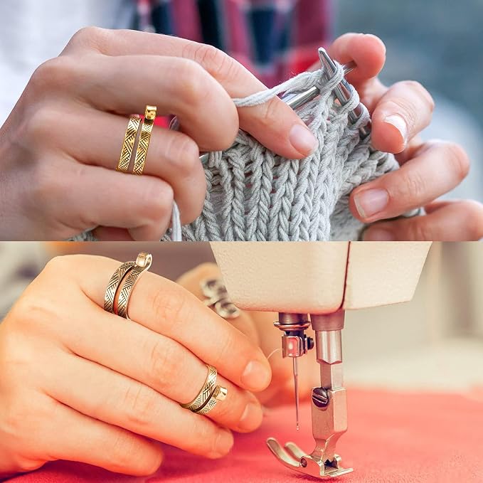 Ubuymart 2 Pack Knitting Crochet Loop Ring for Fingers, Adjustable Crochet Tension Ring, Metal Open Yarn Guide Finger Holders, Knitting Thimbles for Crochet Gold