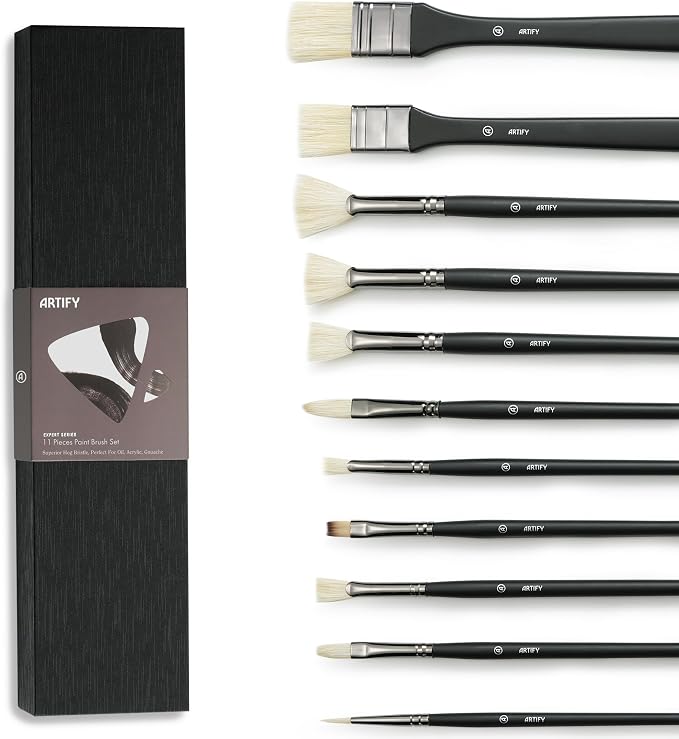 ARTIFY Oil Paint Brush Set - 11 Pieces | Professional Artist Paint Brush Set for Oil, Acylic and Gouache | Natural Hog Bristle Brushes with an Additional Nylon Brush