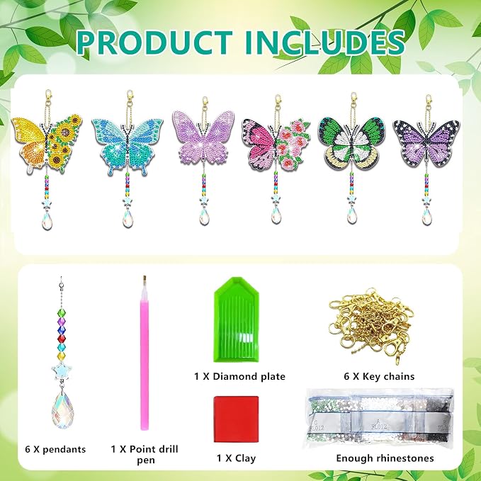 6 Pcs Butterfly Diamonds Paintings Kits Suncatcher Double Sided Rhinestone Painting Wind Chimes 5D DIY Diamond Painting Kits Paint by Number Crystal Hanging Ornaments Mom Gifts