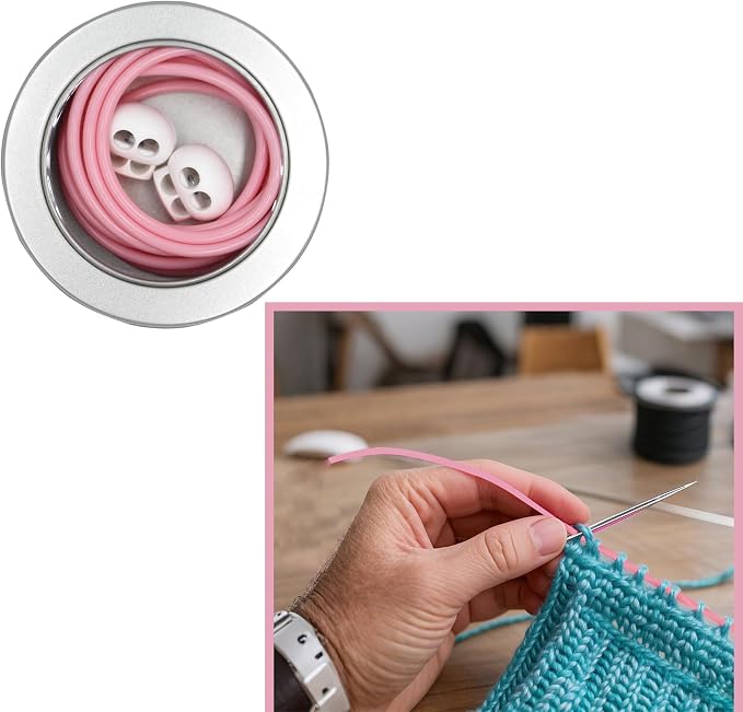 MEYAGO 2PCS PVC Knitting Stitches Holder Barber Cord Stitch Markers Knit Stiches Keeper PVC Knitting Cords with Knitting Needle Stoppers in Storage Tin