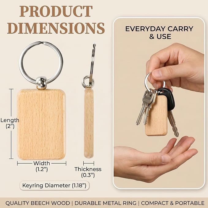 WRINGKIT 50 Pieces Wood Keychain Blank, Rectangular | Unfinished Laser Engraving Blanks with Key Rings, Keychain Ring Tag Wood Sign Bulk for DIY Crafts, Pet Gift Tags