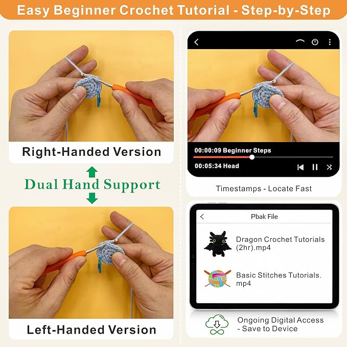 LuNuaFvy Crochet Kit for Beginners, Adults & Kids - Complete Animal Starter Kit to Make 2 Cute Dragons, Easy-to-Follow Book & Video Tutorial, Soft Yarn, Gift & Storage Bags