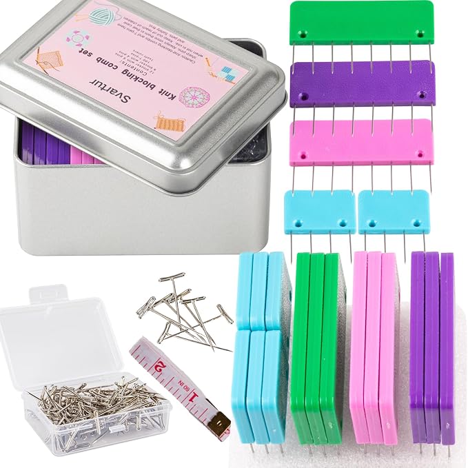 Svartur Crochet Blocking Pin Kit, with 20 Knit Blocking Combs &100 T-Pins and Tin Case, Rainbow Knitting Block Pins for Blocking Mats, Multicolor, White