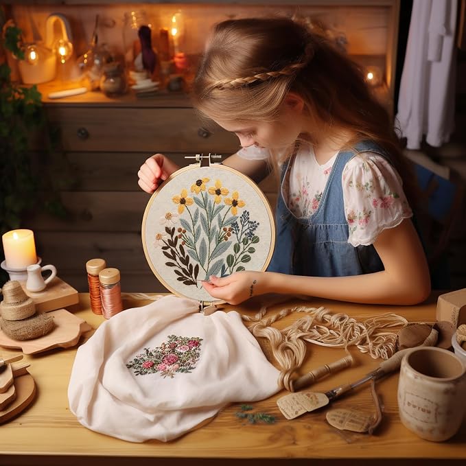 Bonroy 4 Sets Embroidery Set for Beginners, Art Craft, Easy Sewing, Includes Embroidery Clothing, Pattern, Embroidery Hoop, Instruction Manual, Colorful Thread Stitch Set (11)