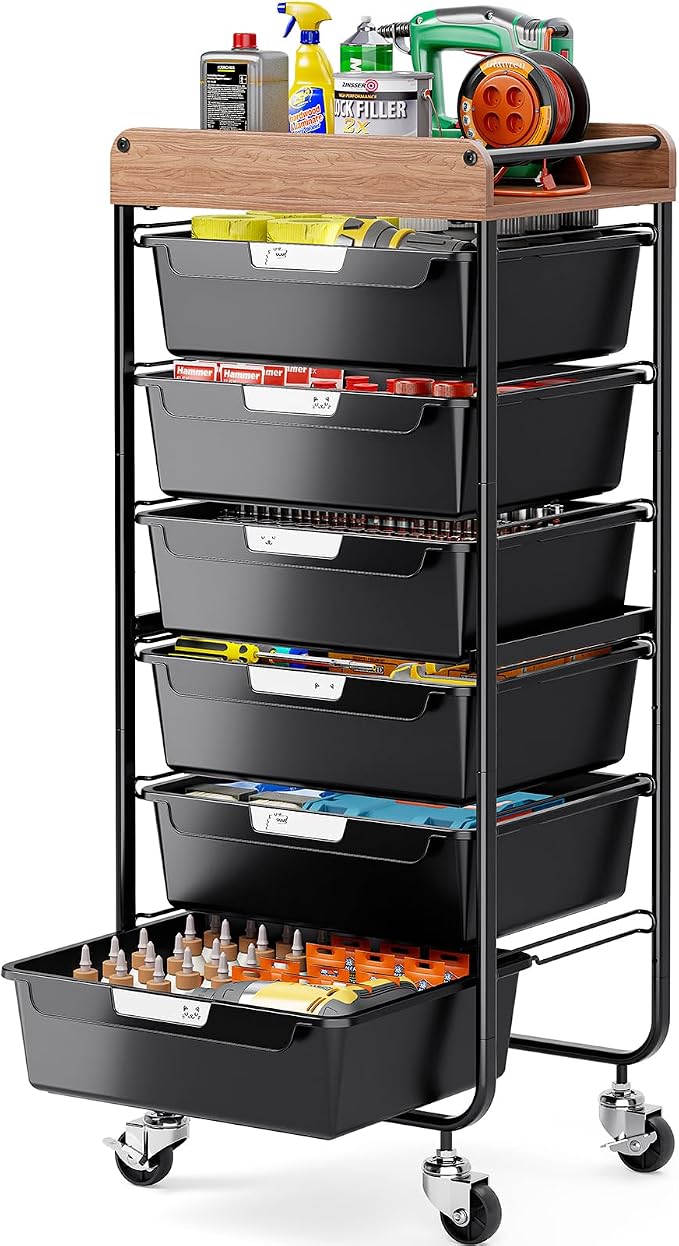 SYKIARIOL Utility Cart with 6 Labeling Drawers and Wooden Tabletop | Rolling Storage Cart for Crafters, Artists, Kids, Teachers, and Students – Organize Arts, Crafts, Sewing & Study Supplies