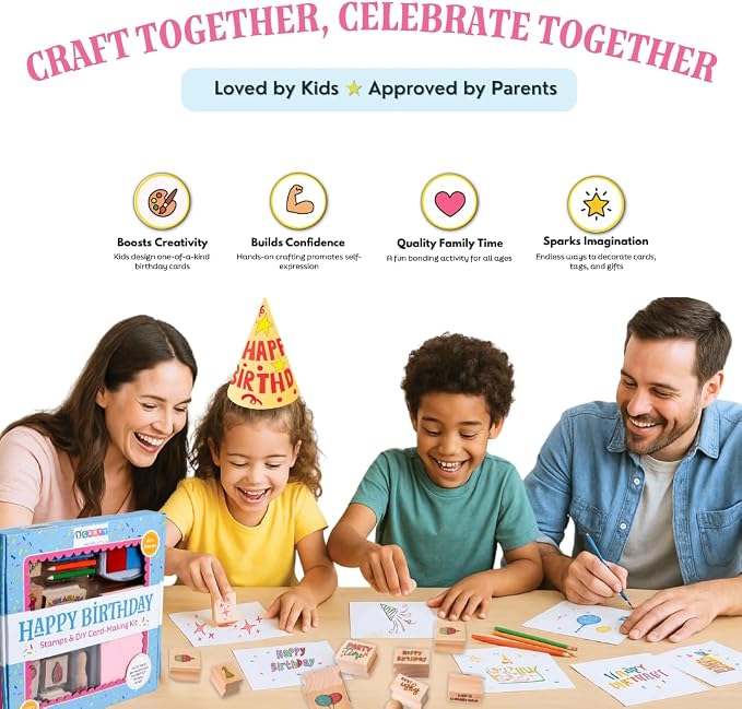 Birthday Card Making Kit -11 Reuseable Wooden Stamps & Ink Pad, 12 Blank Cards with Colorful envelopes, 1 Sheet of Birthday Stickers and 5 Color Pencils Ages 4+
