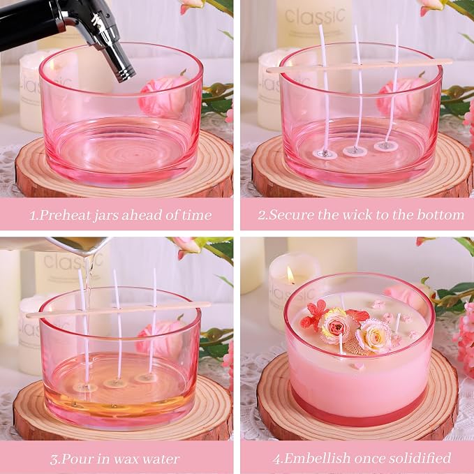 CONNOO 6 Pack 24oz Pink Glass Candle Jars with Airtight Bamboo Lids