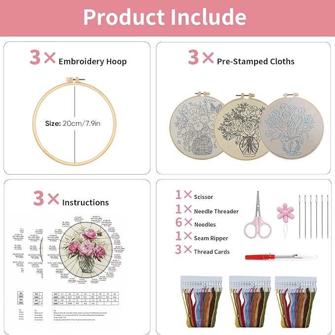 LYMIGER 3 Packs Embroidery Kit for Adults, Embroidery for Beginners (Vase)