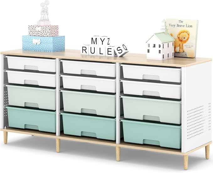 TOOLF 12 Drawers Storage Cabinet with Wooden Top and Plastic Bins,Green | Toy Shelf Storage Chest Cubby Organizer, for Home, Office, Playroom, Classroom & Craft Room