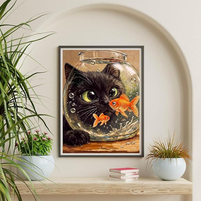 Cat Goldfish Paint by Numbers Kit for Adults Framed Canvas, Frameworkless | Easy Adult Paint by Number Kits on Canvas DIY Cat Goldfish Painting for Beginners Art by Numbers for Home Wall Decor 12X16 in