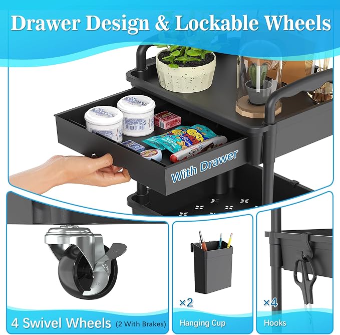 SUNALLY 4 Tier Rolling Cart with Drawer, Craft Storage Cart Organizer,Black
