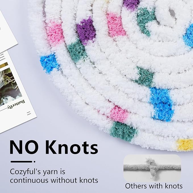 Cozyful Chunky Yarn for Hand Knitting - #10 Chunky Chenille Blanket Yarn, Jumbo Big Thick Chunky Yarns for Crocheting, Tie Dye Bulky Knit Yarns, 8 Skein (20 yds 8 oz Each Skein), Rainbow & White