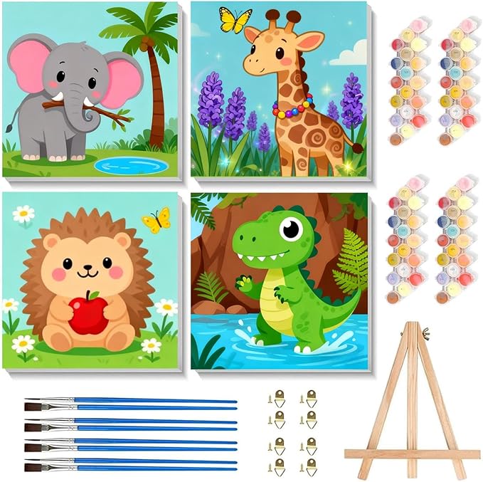 Arttoplus 4 Pack Paint by Numbers Kit for Kids with Frame Animals 8x8in | Animals Kids Paint by Numbers Ages 4-8-12 with Wooden Easel,Easy Cute DIY Acrylic Oil Painting by Number for Gift Home Decor