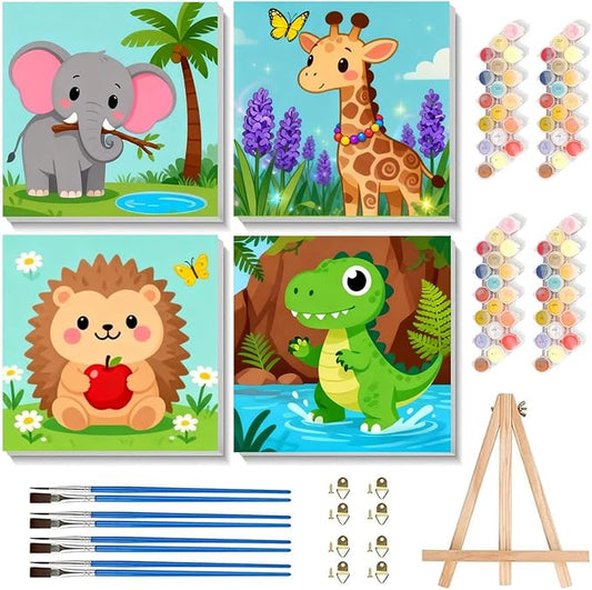 Arttoplus 4 Pack Paint by Numbers Kit for Kids with Frame Animals 8x8in | Animals Kids Paint by Numbers Ages 4-8-12 with Wooden Easel,Easy Cute DIY Acrylic Oil Painting by Number for Gift Home Decor