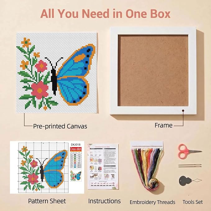 Butterfly Stamped Cross Stitch Kits for Beginners Adults with Framed | Flower Needlepoint Counted Cross Stitch Kits for Beginners Adults with Framed Embroidery Kits Arts and Crafts 6 x 6 inch
