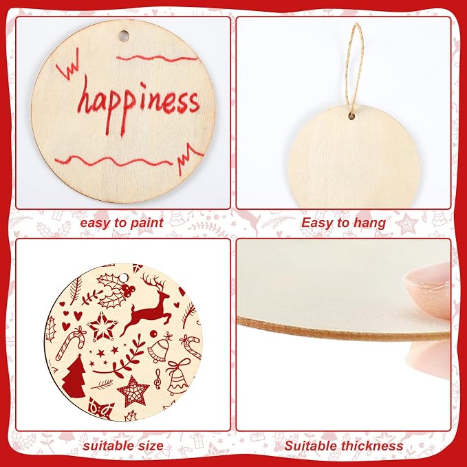 Jetec 120 Pcs Wooden Circles with Holes Unfinished Round Discs for DIY Craft Painting, Engraving, Christmas Ornaments, Gift Tags, Wedding Decorations