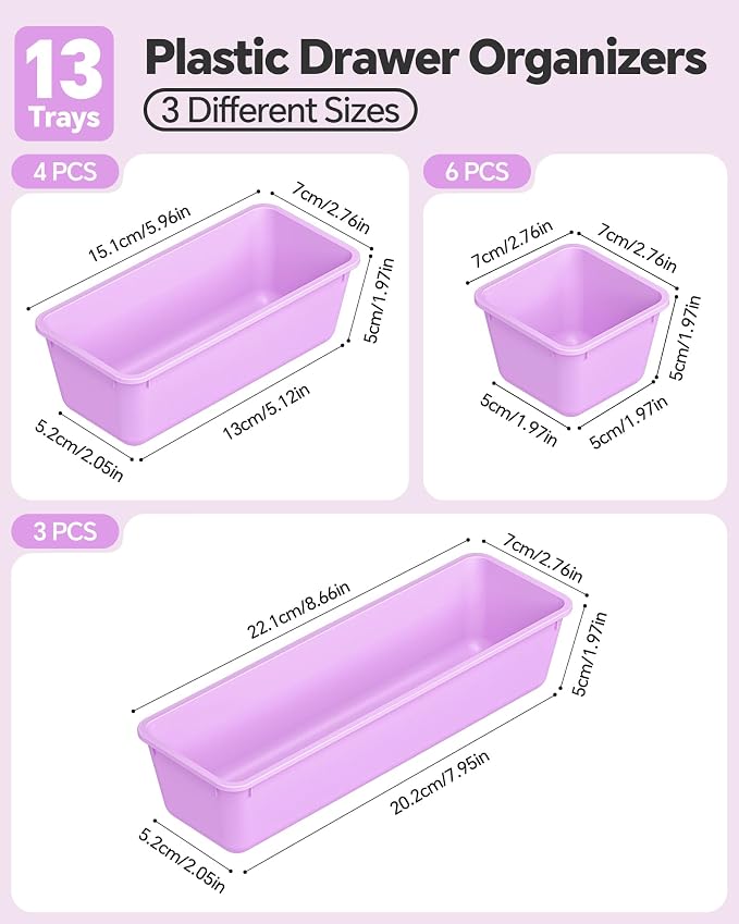 Canfanni 13 Pack Plastic Drawer Organizers Set, 3 Sizes Desk Drawer Organizer Trays for Vanity and Makeup Organizer, Organization and Storage for Makeup, Kitchen Utensils, Bathroom and Office(Purple)
