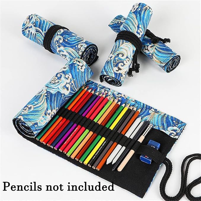 DIYOMR 24/36/72 Slots Pencil Wrap Pencil Rolls, Artist Colored Pencils Roll Up Bag Short Brushes Pouch Case Pencils Organizer for Drawing Coloring and Sketching,No Pencils (Blue Ocean, 36slots)
