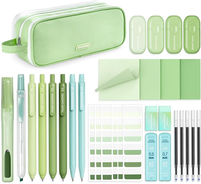 Four Candies Green School Supplies with Case College Essentials
