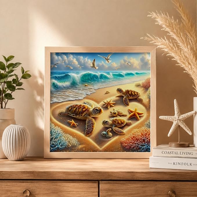 Beach Diamond Painting Kits for Adults Beginners Turtles Gem Painting | 5D Diamond Art Painting for Adults, Gem Art Kits for Adults, Paint by Diamonds DIY Wall Decor Gift13.78X13.78Inch