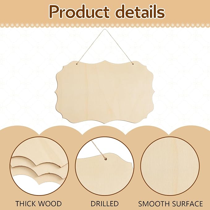 Patelai 10 Pcs Blank Wood Signs Unfinished Plaques with Ropes,3 Styles