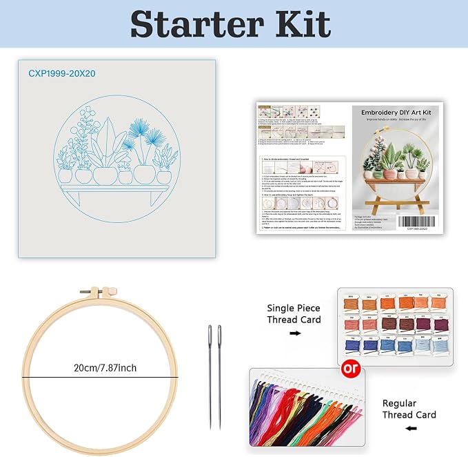 Full Range Embroidery Kit for Adult, Green Plant Pattern Embroidery Kit for Beginners Include Embroidery Cloth Hoops Threads for Craft Lover Hand Stitch with Embroidery Skill Techniques (Plant1)