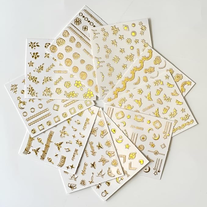 30 Sheets Gold Nail Art Stickers Gold Flower Butterfly Nail Stickers Star Line Self-Adhesive Nail Decals Acrylic Nails DIY Design Nail Supplies for Women and Girls