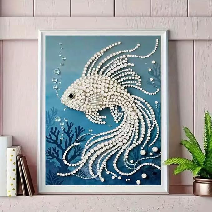 Fish Pearl Diamond Art Kits for Adults, Full Drill Wall Art 11.8X11.8In | 5D Diamond Painting Kits ,DIY Diamond Dots Gem Art Craft, Beginners Home Wall Decor