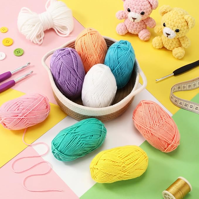 Buryeah Pastel Rainbow 8 Packs Crochet Yarn Knitting Bundle Beginner Acrylic Thread Fluffy Hand Tube Polyester Yarn Needles Bulky Kit Variety Pack 726 Yards for Weaving Crafts DIY Project Beginner