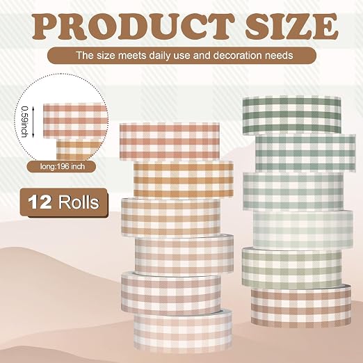 12 Rolls Floral Washi Tape Set,Boho,Gingham Plaid | Watercolor Flowers Design for Scrapbook Journal DIY Craft School Supplies, 15 mm Vintage Decorative Masking Washi Tapes