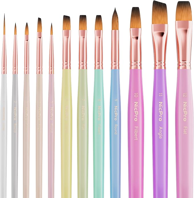 Nicpro 12pcs Artist Paint Brush Set, Paint Brushes for Acrylic Painting | Aesthetic Pastel Paintbrushes for Acrylic Oil Watercolor, Gouache, Craft, Face, Body, Art Supplies for Artists and Beginners