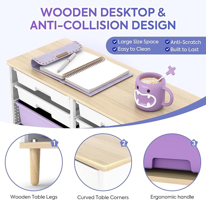 TOOLF 12 Drawers Storage Cabinet with Wooden Top and Plastic Bins,Purple | Toy Shelf Storage Chest Cubby Organizer, for Home, Office, Playroom, Classroom & Craft Room