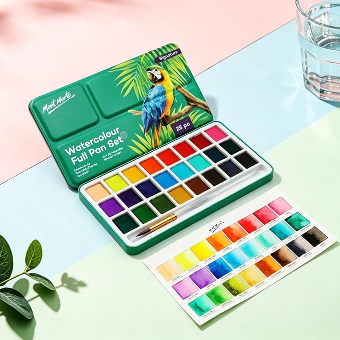 Mont Marte Watercolor Set Full Pan Signature in Tin, Vibrant 24 Colors, Multi-Color with Translucent Finish, Portable Watercolor Set