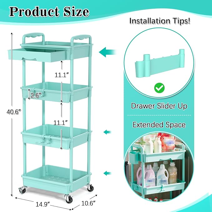 SUNALLY 4 Tier Rolling Cart with Drawer, Craft Storage Cart Organizer, Blue