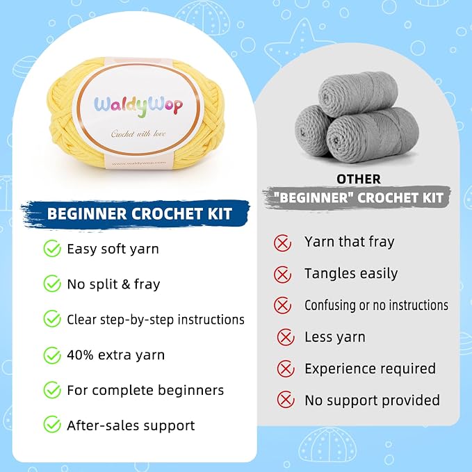 WaldyWop Crochet Kit for Beginners: 3Pcs Ocean Friends Wobbles Crochet Animal Kit for Starter Adults - Dly StressRelief Ball w/ 40% Extra Yarn, Easy Video & Instructions - Christmas Gift for Women