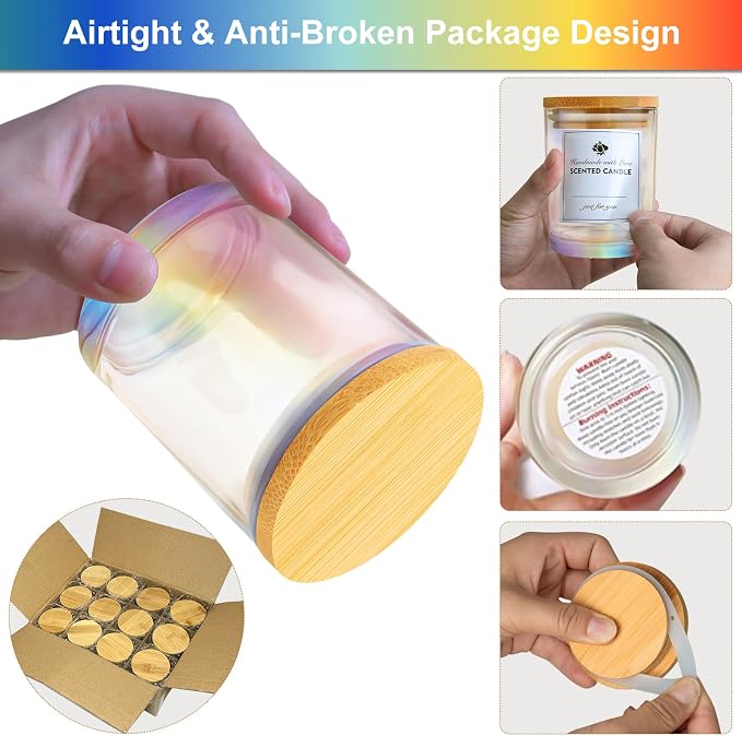 CONNOO 12 Pack 10 OZ Iridescent Glass Candle Jars | Airtight Bamboo Lids Nice Sticky Warning Labels for Candle Making Empty Container Bulk - Dishwasher Safe