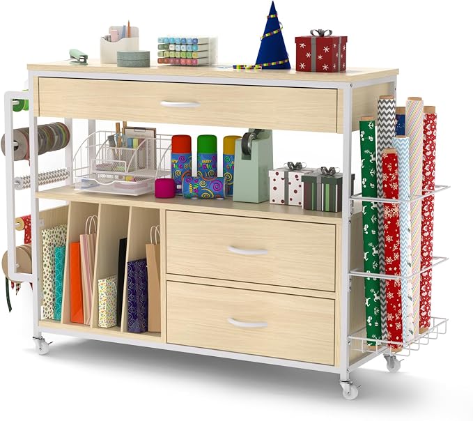 Wrapping Paper Storage & Organizer, Craft Cart with Ribbon & Gift Bag Storage, Wrapping Paper Organizer Holder(3 Wooden Drawers- Oak)