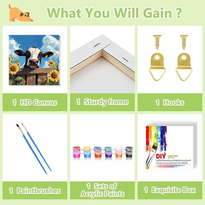 ajepon Cow Paint by Numbers Kit for Kids with Frame - Highland Cow Paint by Number for Kids, Kid Painting by Number Kits Age 6-8 for Home Wall Decor 8X8inch (with Wooden Easel)