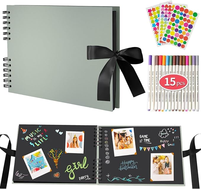 EVNEED 11.5 x 8.5 Inch Scrapbook Photo Album,Wedding Guest Book Anniversary Memory Scrapbooking,Wedding Photo Album with DIY Accessories Kit for Craft Paper DIY,80 Pages (40 Sheets),Green