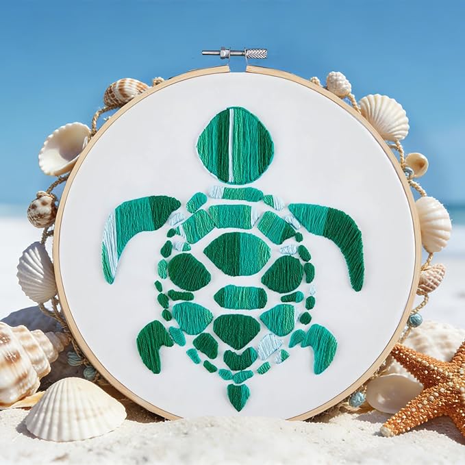 Sea Turtle Embroidery Kits for Beginners Adults, Hand DIY Embroidery Starter Kit, Stamped Cross Stitch Kits for Beginners Adult Craft Kits for Women, Entire Set of Embroidery Supplies & Video Tutorial
